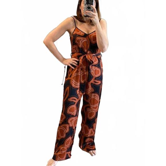 NEW KARINA GRIMALDI wide leg silky jumpsuit in black/brick